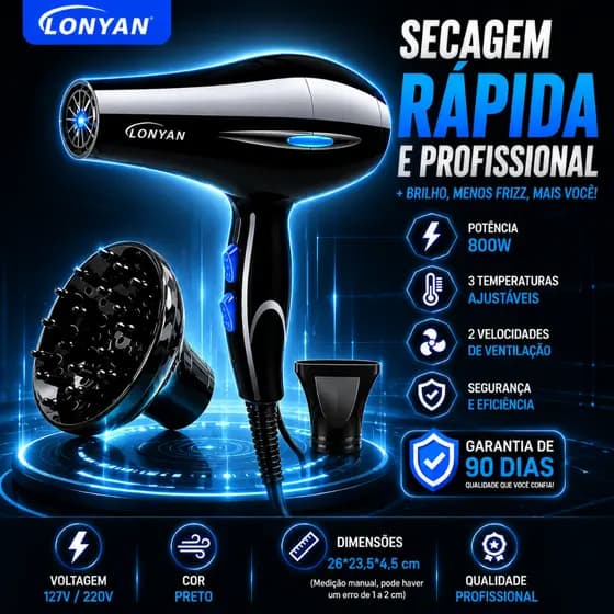 Secador de Cabelos Profissional com Difusor LONYAN 220V 127V 110V tecnologia com Ion 5 Níveis Quente Frio Silencioso