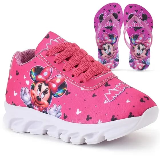 Kit Tênis Infantil Minnie Menina Casual + Chinelo Infantil