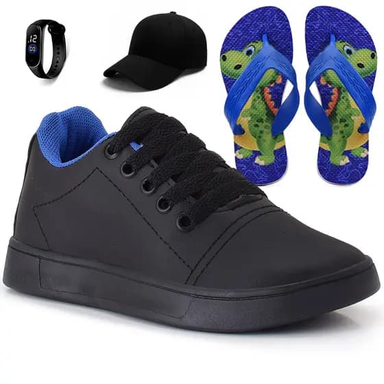Kit Tênis Infantil Menino Escolar + Boné + Chinelo + Relógio Digital