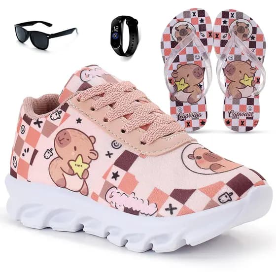 Kit Tênis Infantil Capivara Menina + Chinelo + Relógio + Óculos Infantil