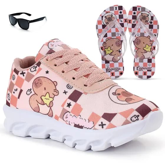 Kit Tênis Infantil Capivara Menina Casual + Chinelo Infantil + Óculos