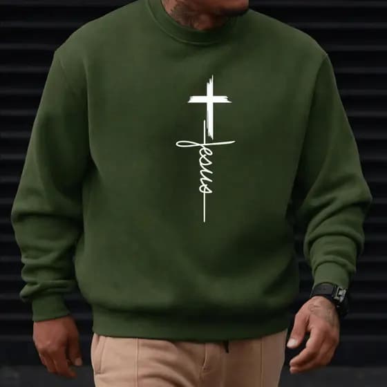 Moletom Masculino Blusa de Frio Gola Careca Estampado Jesus Cruz 100% Algodão Quente e Confortável