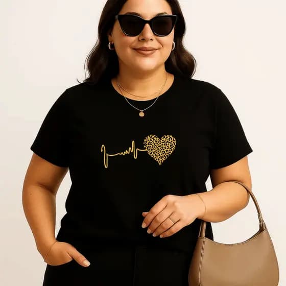 Camiseta Plus Size Feminina Estampada Coração Onça 100% Algodão Premium Verão Academia Treino Blusa Camisa