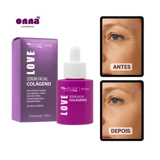 Sérum Facial Colágeno Max Love 30ml | Anti-Rugas, Anti-Idade, Antissinais, Firmeza e Hidratação