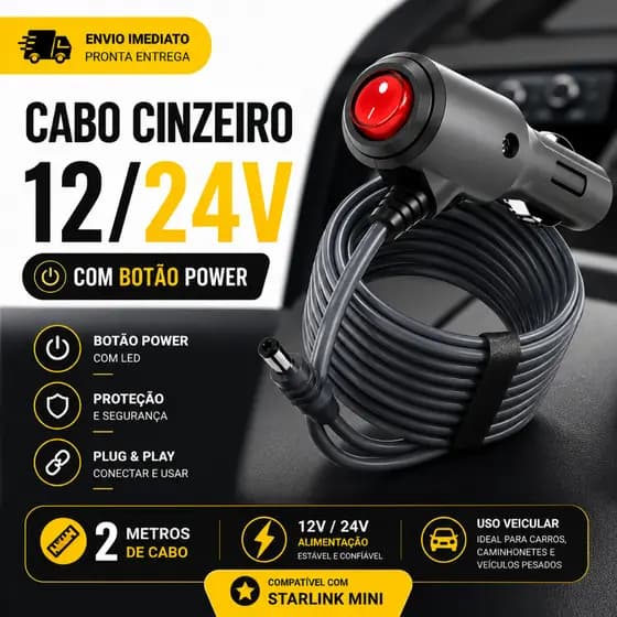 Cabo 12V/24V com botão liga e desliga de Carregamento Para Starlink Mini Cinzeiro 2m cabo de recarga