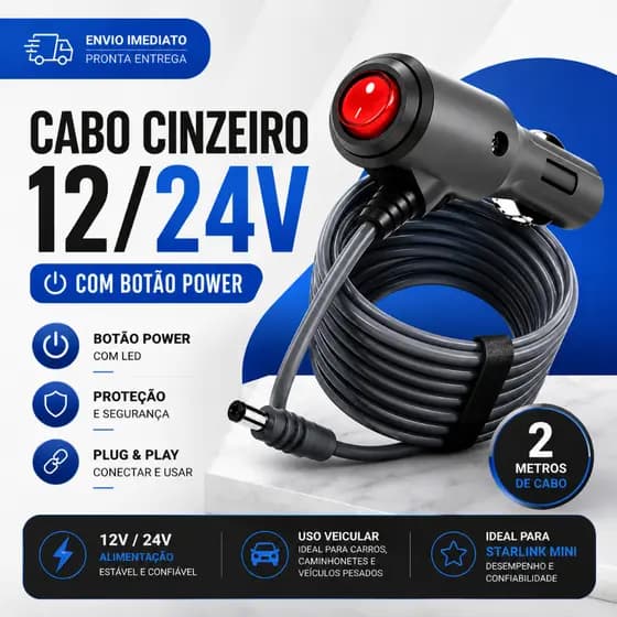 Cabo com botão liga e desliga 12v/24v De Carregamento Para Starlink Mini Cinzeiro 2m cabo de recarga