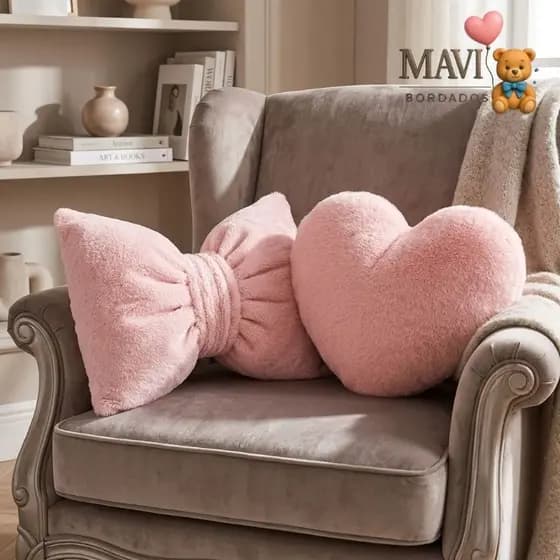 kit 2 Almofadas Decorativa Laço + Coração Rosa