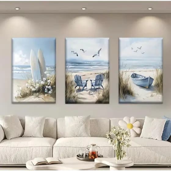 Kit 3 Quadros Decorativos Praia Surf Cadeiras Barcos Sala De Estar Escritório Biblioteca Bar
