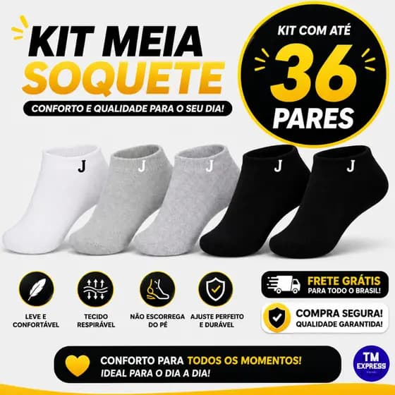 Kit 3 a 36 Pares de Meias Soquete 65% Algodão Unissex Menor Preço