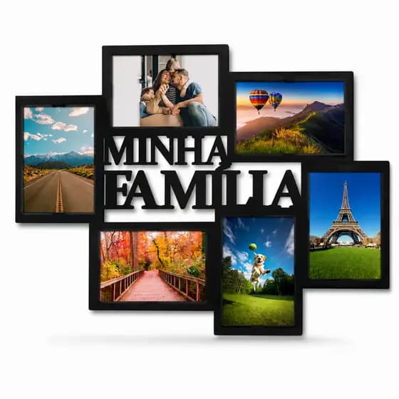 Mural de Fotos MDF Minha Família com 6 Porta Retratos Decorativo para Parede Sala Quarto