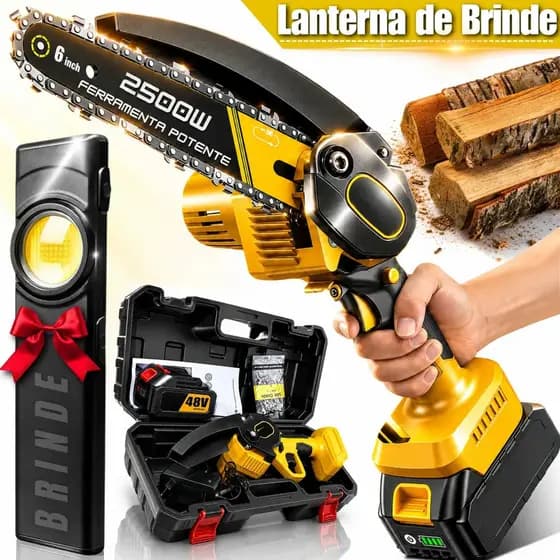 Kit Mini Motosserra 48v Sem Fio + Lanterna Led Cob Magnética