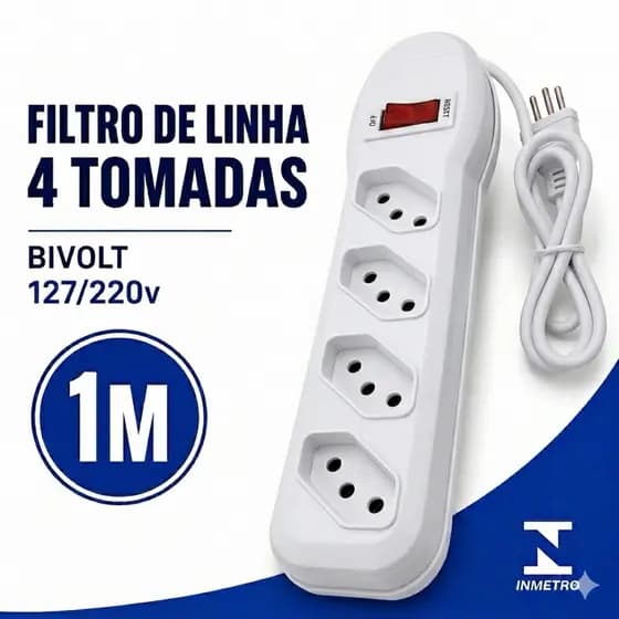 Filtro de Linha Extensão BRANCO 4 Tomadas Cabo 1Metro Megatron INMETRO 10Amperes
