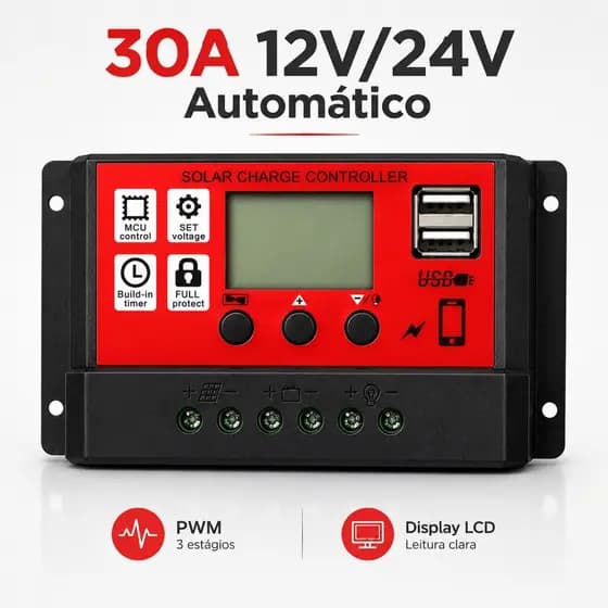 Controlador De Carga Solar Pwm 30a 12v/24v Usb Lcd Off Grid