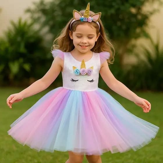 Vestido Fantasia Unicórnio Infantil com Tiara - Tecido Premium -Tule Arco-Ìris Colorido Mágico!