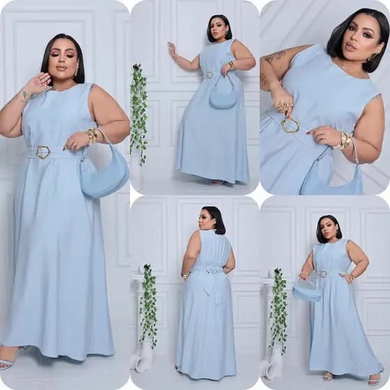 Vestido Longo Plus Size Feminino com Fivela, Lastex nas Costas e Cinto