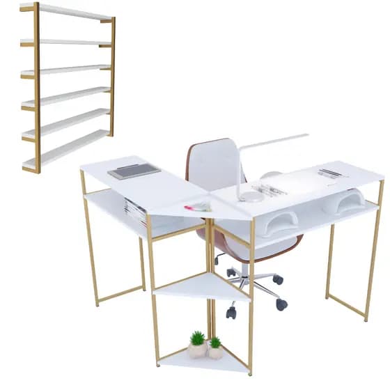 Mesa Para Manicure Em L Com Design Industrial e Nicho Expositor Suporte Prateleira Para Esmaltes