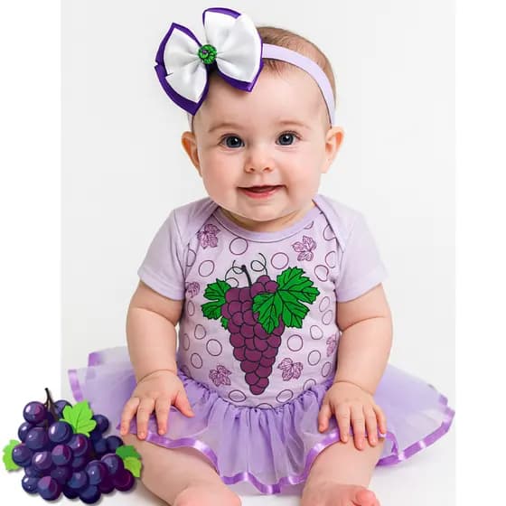 Body Bebê Frutinha Uva + Saia Tule Baby – Suedine 100% Algodão, Tamanhos RN ao G