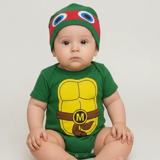 Body Bebe Infantil Menino Mêsversario Temático Tartaruga Ninja Fantasia - 100% Algodão Com Botão