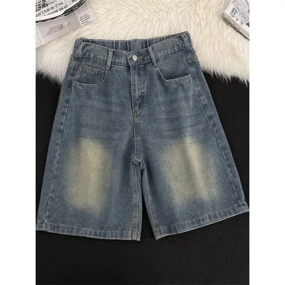 Shorts de jeans lavados e desgastados, masculinos, verão, streetwear, soltos, retos, médios, americanos, retrô, de perna