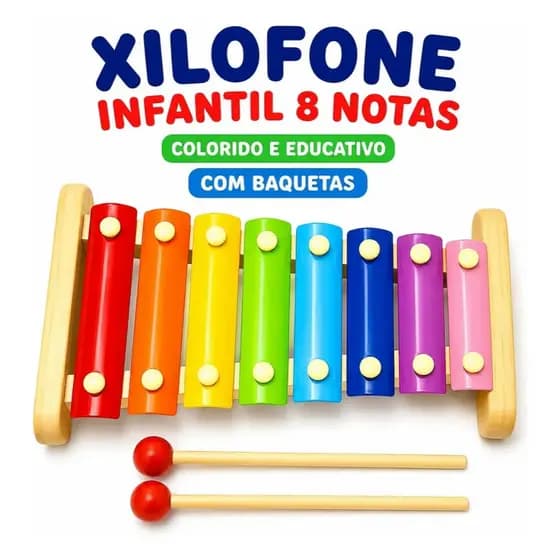 Xilofone Infantil 8 Notas Metalofone Colorido Brinquedo Musical Educativo Didático Coordenação Motora com baquetas