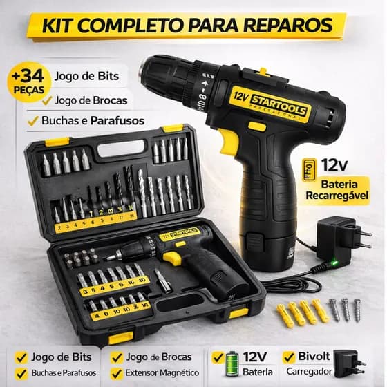 Kit Ferramentas Startoles Completo 200 Peças +Furadeira e Parafusadeira a Bateria 12V