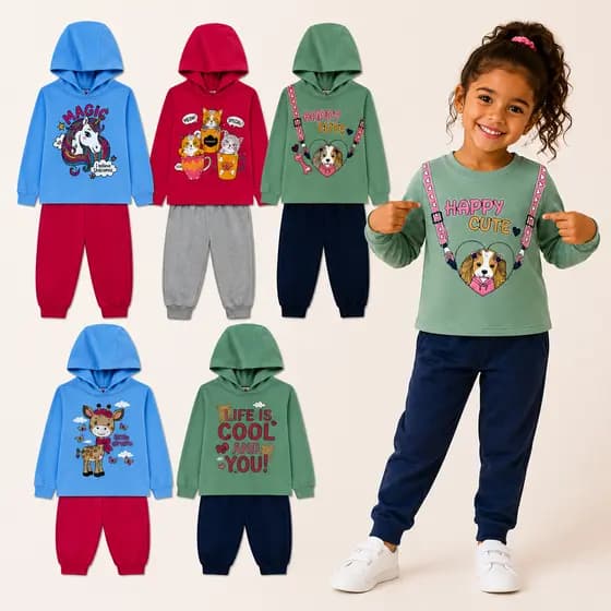 Conjunto Moletom Infantil Menina Peluciado Com Capuz do 01 ao 08 Anos | Casaco + Calça de Moletom Peluciado