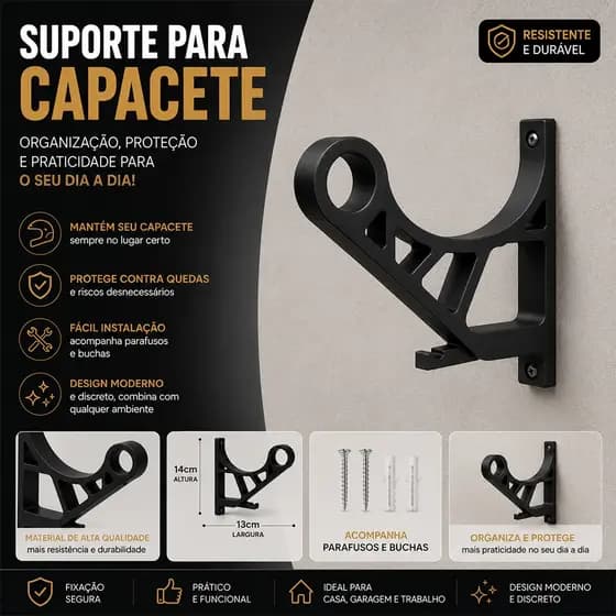 Suporte para Pendurar Capacete com Acessório porta Chave fixado na Parede com buchas e parafusos