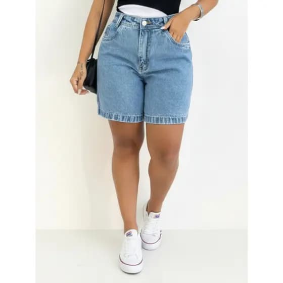 Bermuda Feminina Jeans Mom Pedal Sem Lycra Cintura Alta Comprida Marmorizada Confortável Elegante