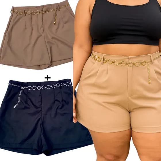 Kit 2 Short Bermuda Feminina Com Cinto De Brinde Plus Size Alfaiataria Premium Elegante Moda shorts Plus Feminino