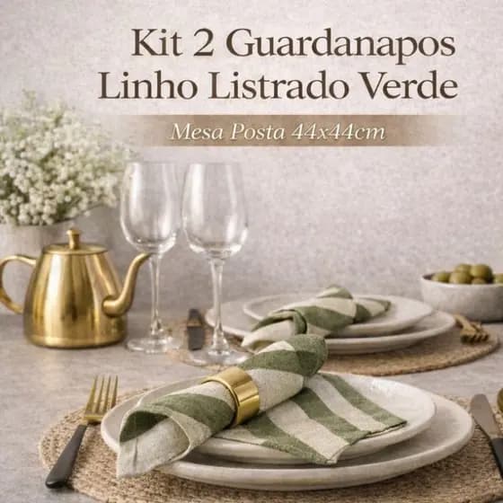 Kit 2 Guardanapos Linho Listrado Verde – Mesa Posta 44x44cm