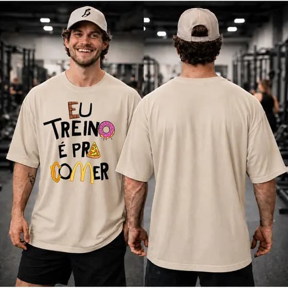 Camiseta Oversized Unissex Eu Treino é pra Comer Treino Musculação Algodão