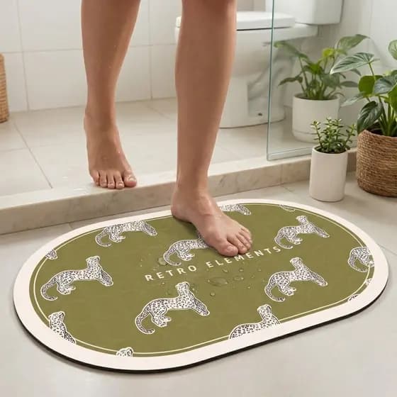 Tapete Banheiro Antiderrapante Super Absorvente Diatomita Macio Estampa Onça Retro Secagem Rápida