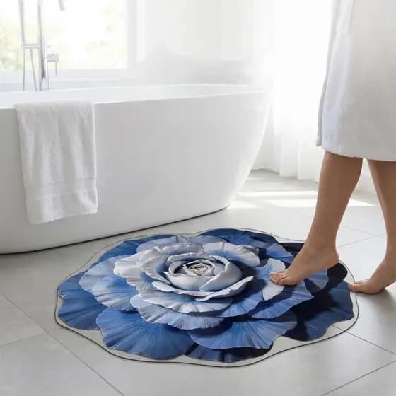 Tapete Banheiro Diatomita 3D Flor Azul Absorvente Antiderrapante Macio 50cm Luxo Promoção