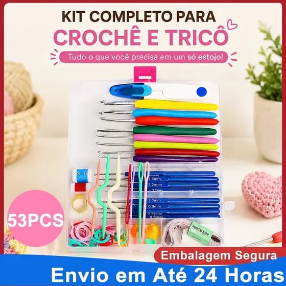 Kit Crochê Completo 53 Peças Agulhas Crochê Silicone 0.6mm~5.5mm Iniciante Profissional Estojo Organizador