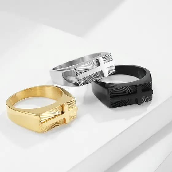 Anel Masculino Dedeira Cruz Retângulo De Aço Inoxidável Banho De Ouro Verdadeiro Não Desbota