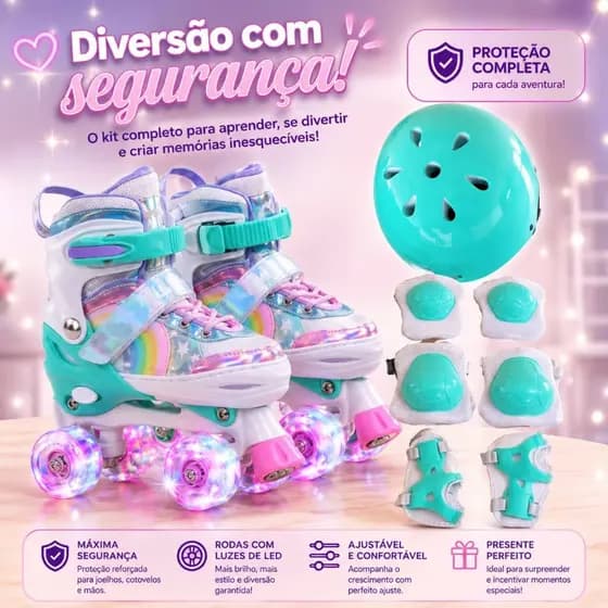 Patins Infantil 4 Rodas Com LED + Equipamentos De Segurança Ajustáveis Para Crianças