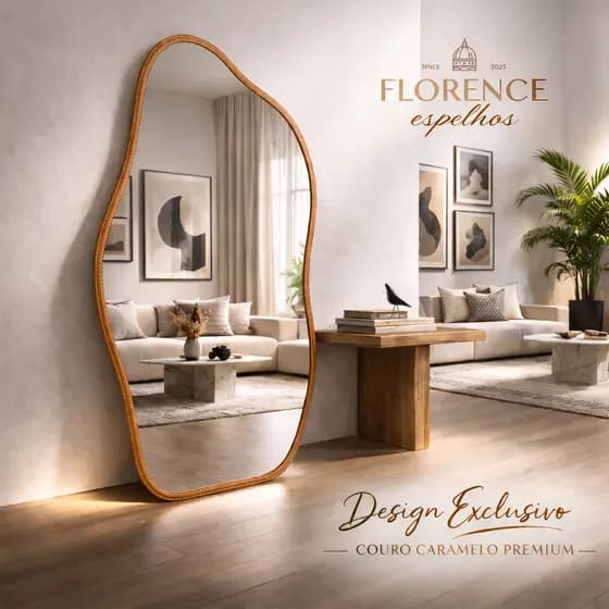 Espelho Orgânico 120x50 e 80x40 Com Moldura EM COURO Corpo Inteiro Moderno Luxo