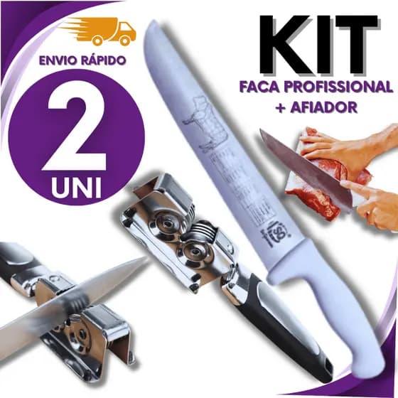 KIT 2 -Faca Profissional de 8" em Aço Inox com Mapa de Cortes Bovinos – Ideal para Açougues + Afiador Amolador de Facas