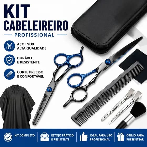 Kit Tesoura Barbeiro Fio Navalha E Desfiadeira + Acessórios Espanador Pente Presilhas em Metal Navalhete e Capa