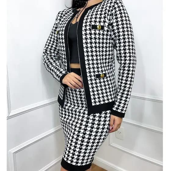 Conjunto blazer estruturado e saia tricô, Pied Poule,casaco botão xadrez manga longa tricot feminino
