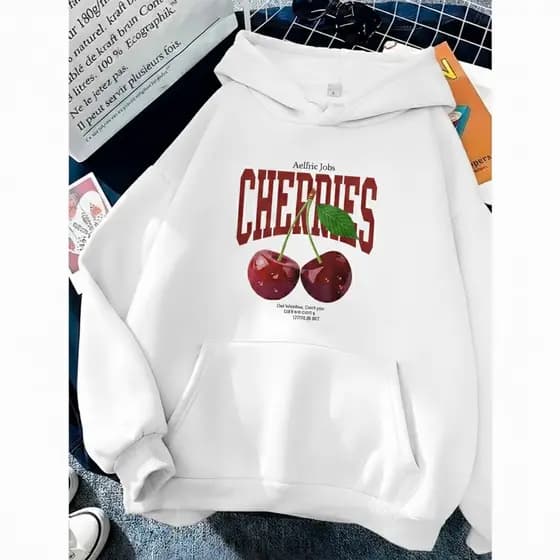 POLAR BEAR Moletom Canguru Com Capuz Casual Confortavel Ideal Para O Inverno Estampado Cherries
