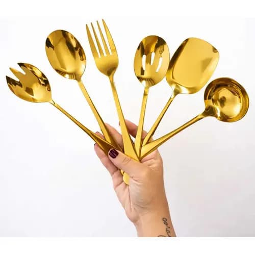 Kit Talheres De Servir Dourados 6 Peças Aço Inox Mesa Posta Colher Grande Garfo Grande Colher par Legumes Concha