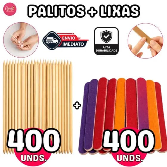 400 Palitos Manicure Laranjeira + 400 Lixas Mini Color para Unhas