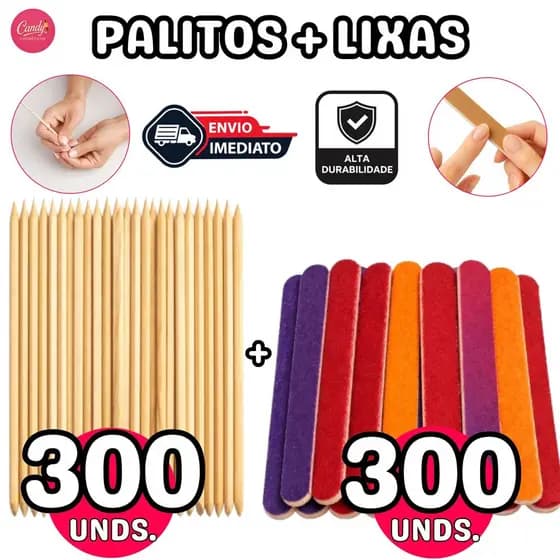 300 Palitos Manicure Laranjeira + 300 Lixas Mini Color para Unhas Profissional