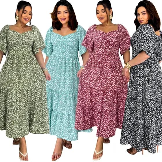 Vestido Feminino Mídi Romântico Estampa Floral Manga Curto Tendencia Moda