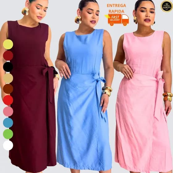 Vestido Feminino Midi Alfaiataria com Modelagem Acinturada Amarração Lateral e Elástico– M G GG G1