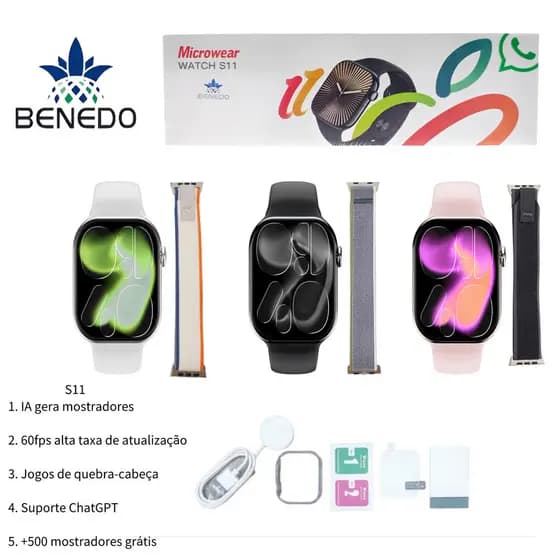 Smartwatch Microwear S11 Séries 11 46mm GPS 2 Pulseira capa pelicula Chat Gpt Original inteligentes