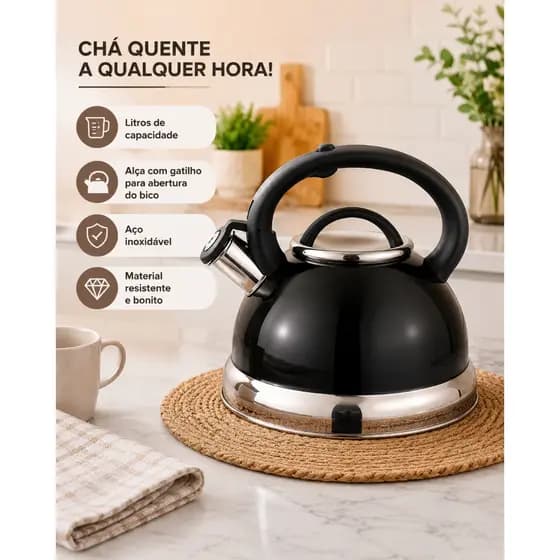 Chaleira Inox Com Apito 3L Para Chá Café Compatível Fogão Gás Elétrico Unitermi