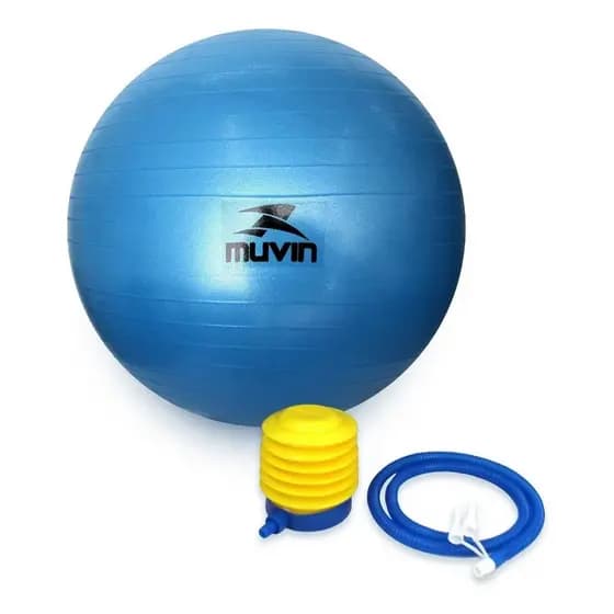 Bola de Pilates Muvin 85cm azul antiestouro suporta até 300kg com bomba para yoga fisioterapia e fitness.
