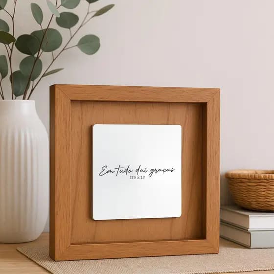 Quadro Decorativo em Madeira Quadrado 30x30 com Placa de Espelho Gravado com Frase Religiosa Sala Quarto Casa Decoração